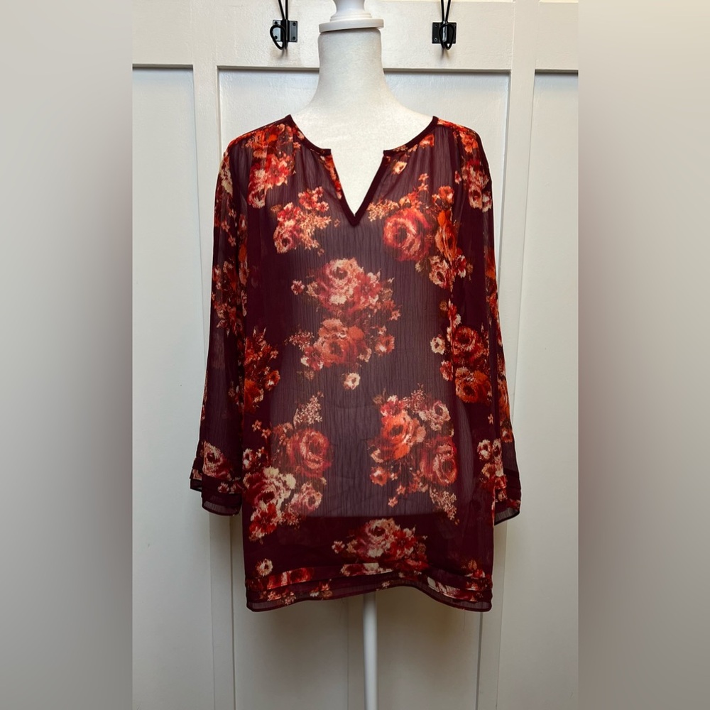 Kut From The Kloth Size XXL Sheer Floral Blouse Red Balloon Sleeve Peasant Top - Picture 2 of 10